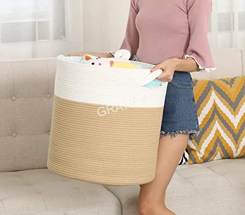 Image of Mansa Traders 12 inch x 12 inch x 14 inch Large Storage Basket with Lid, Cotton Rope Storage Baskets, Laundry Hamper, Blankets Pillows Storage in Living Room Baby Nursery, White&Beige Stiches with Cover