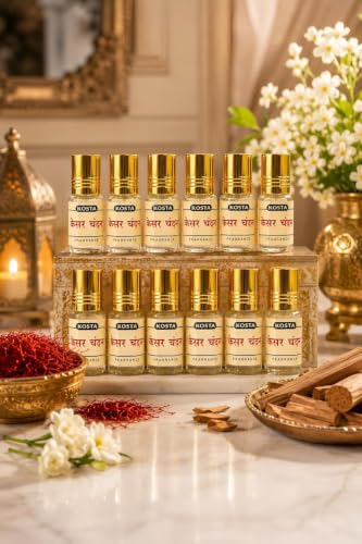 Image of KOSTA Kesar Chandan (Saffron Sandalwood) Attar 2ml Each| Alcohol-Free Long Lasting Roll-On Perfume Oil | Unisex Sandalwood & Kesar Fragrance Attar for men and Women (Pack of 12)