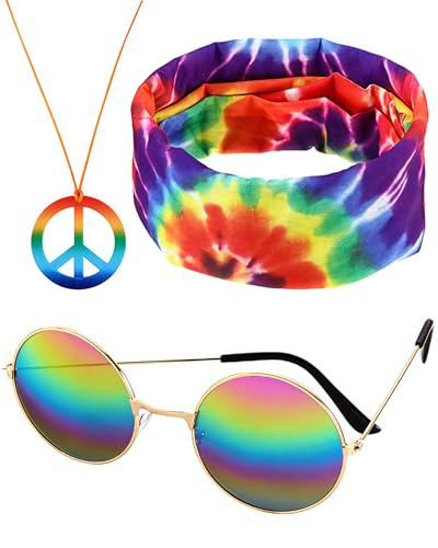 BARRU 1 pieza de ropa hippie, accesorios hippie, collar con el símbolo de la paz para mujer y diadema hippie de colores, adecuado para un conjunto de accesorios de fiesta de los años 60, 70 y 80.