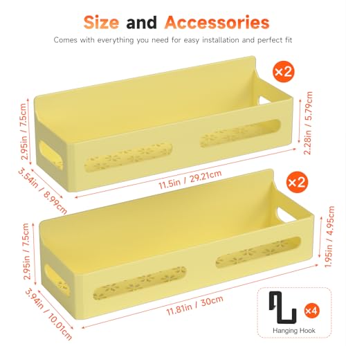 Image of Sevenblue 4-Pack Magnetic Spice Rack for Refrigerator with Hooks, Yellow | Strong multipurpose magnetic shelf for kitchen & bathroom organization. Includes 4 removable hooks for hanging items.