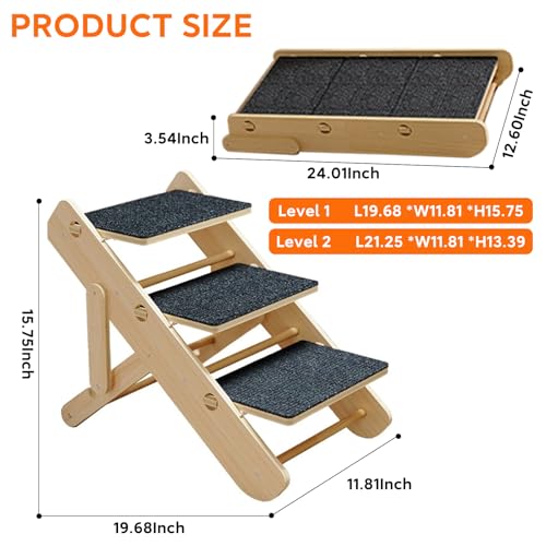 IcyByte 2-Level Convertible Foldable Dog Ramp & Stairs for Couch, Bed & Car, Wood Pet Steps for Small Dogs & Cats up to 22 lbs, Non‑Slip Carpeted Surface, Portable Design (Assembly Required) - Thumbnail 4
