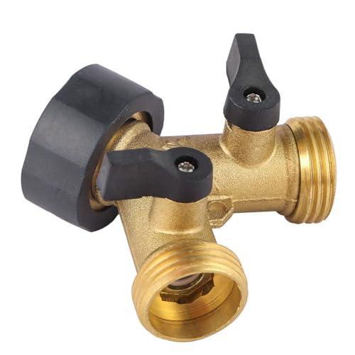 Garden Hose Splitter 2 Way Heavy Duty, Brass Faucet Adapter With Rubber Grip Handle For Gardening Water Hose Shut Off Valve Hose Connector Fittings Outdoor Water Spigot Hose Bib Y Splitter