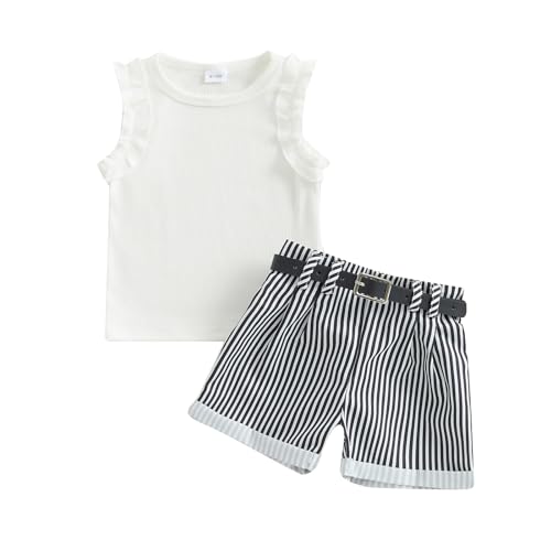 Toddler Baby Girl Summer Clothes Solid Sleeveless Ruffle Tank Top and Striped Short Set Newborn Infant Girl Outfits