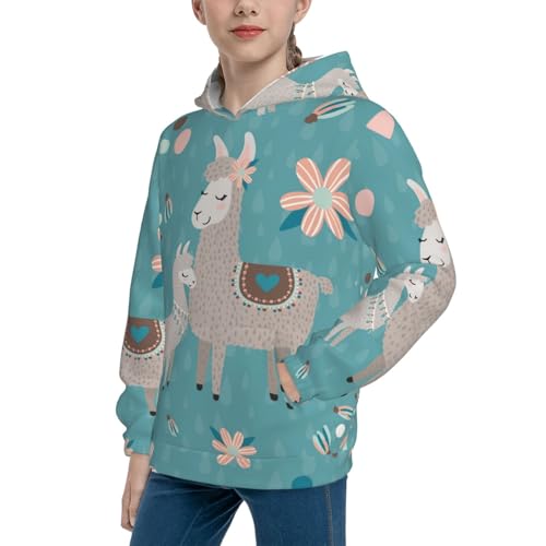 Teal Mama Llama Kid Hoodies Boys Sweatshirts Girls Pullover with Pocket2