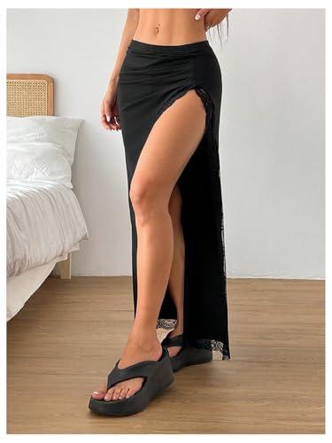 Women's Lace Skinny Bodycon Maxi Skirt Ruched Drop Waist Asymmetrical Long Skirts with Slit2