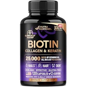 Biotin | Collagen | Hyaluronic Acid | Keratin – Clinically Tested Supplement – Hair Growth Support, Skin & Nails – 25000 mcg Vitamins B2, B3, B6 & B7 + B1 – Made in USA – Women & Men | 120 Capsules