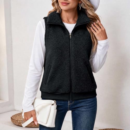 Womens Sherpa Fleece Vest Zip Front Stand Collar Ribbed Hem Casual Layering - image 7