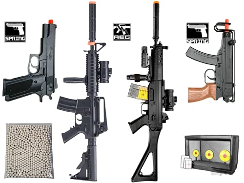 Airsoft Guns Bundle Starter Package Kit 2 Electric Airsoft Rifle 2 Airsoft Spring Pistol with 5000 Bulldog Airsoft BBS 6mm + Target