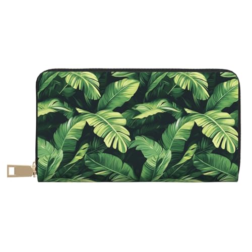 Tropical Green Plants Print Wallet Women Men, Long PU Leather Wallets for Women, Cute Womens Travel Wallet Purse Pouch with Zipper Pocket
