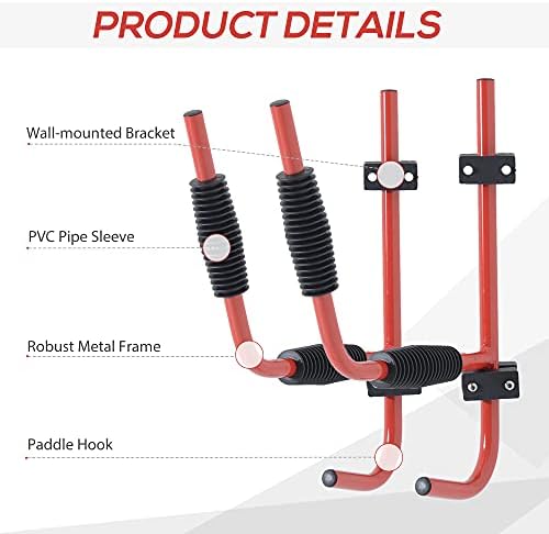 HOMCOM Kayak Canoe Heavy Duty Wall Mounted Storage Holder Rack Heavy Duty Storing Hangers Red