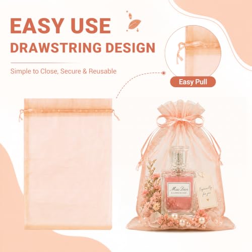Image of FUNFERY 100PCS Peach Champagne Sheer Organza Bags 4x6 in, Goodie Bags Bulk | Small Mesh Gift Bag with Drawstring for Wedding Party Favor, Drawstring Pouch for Jewelry, Sachet Bags for Treat, Candy, Soap