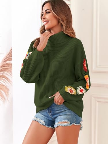 Image of ZAFUL Flower Crochet Turtleneck Sweater for Women Pullover Puff Long Sleeve Boho Knit Sweaters Trendy Knitwear Tops