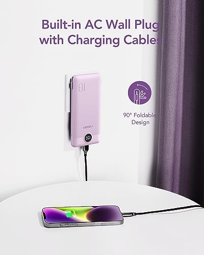 VEGER Portable Charger for iPhone Built in Cables and Wall Plug, 10000mah Slim Fast Charging USB C Power Bank, Travel Essential Battery Pack Compatible with iPhones, iPad, Samsung More Devices(Purple)