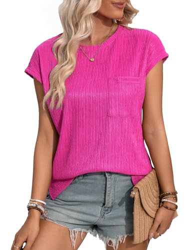 ACDAY Camisetas casuales de verano para mujer, de manga corta, cuello redondo, blusas de ajuste holgado con bolsillo, hot pink, XXL
