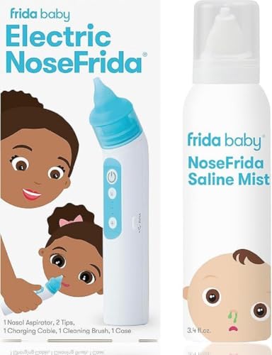 Image of Bundle of Frida Baby Electric NoseFrida Nasal Aspirator, Nose Sucker, 3 Suction Levels, 2 Silicone Tips, USB Rechargeable + Saline Mist Spray | Baby Saline Nasal Spray, Soften Nasal Passages, 3.4 floz