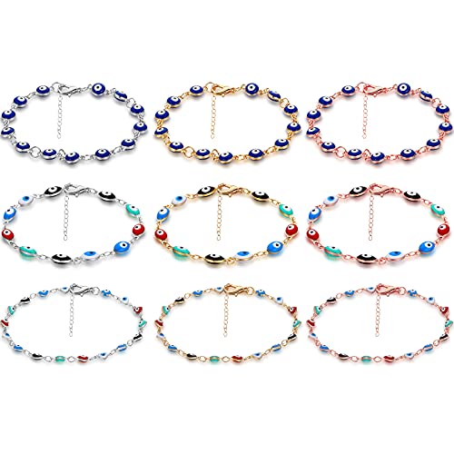 SATINIOR 9 Pieces Handmade Evil Eye Beads Chain Bracelet Adjustable Amulet Jewelry for Women Girls Kids Family