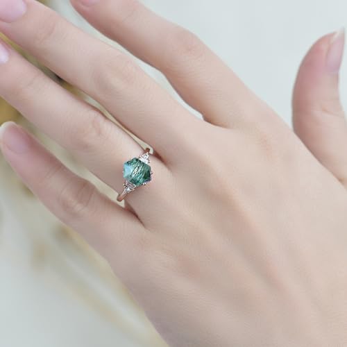Hexagon Natural Moss Agate Gemstone Rings for Women Solid 925 Sterling Silver Ring for Wedding Engagement Jewelry4
