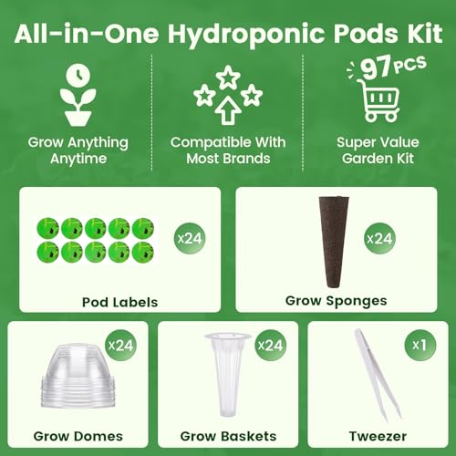 Image of 97Pcs Hydroponic Pods Kit, Compatible with Aerogarden, Including 24 Grow Sponges&Labels, 24 Baskets&Domes, 1 Tweezers, Indoor Hydroponic Supplies for Vegetables, Herbs, Lettuce