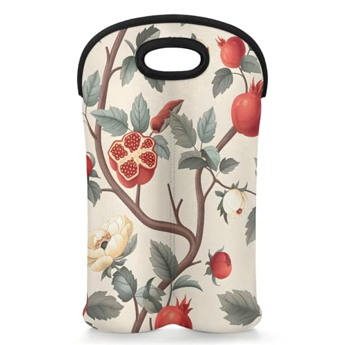 GzLeyigou 2 Bottles Pomegranate Tree Wine Bag Sleeve Totes Neoprene Protective Wine Carrier Bag for Wine,Water, Champagne, Beer, Baby Bottles,Gift 14.5 x 10 Inches