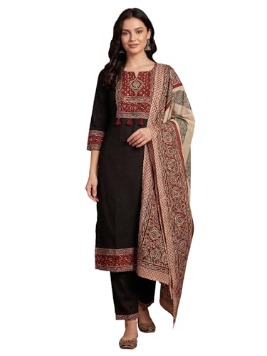 Image of INDO ERA Women's Straight Pure Cotton Floral Self Design Kurta & Pant With Dupatta Set | Kurta Sets For Woman