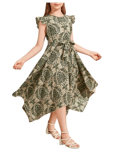 SweatyRocks Girl's Ruffle Cap Sleeve Dresses Asymmetrical A Line Boho Dress with Belt