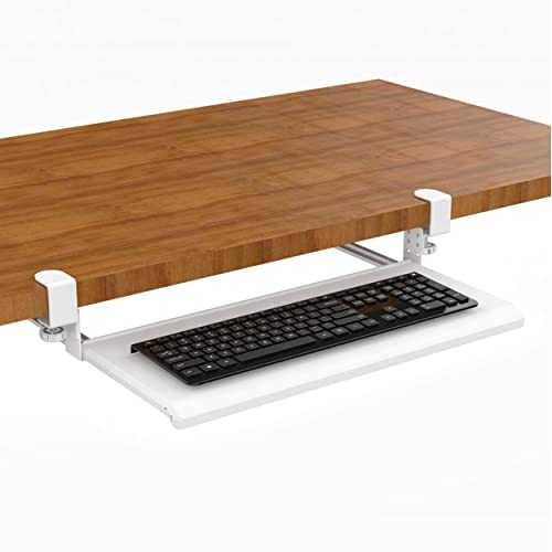 Image of Stand Up Desk Store Large Clamp-On Retractable Adjustable Keyboard Tray | Improve Comfort While Increasing Desk Space - for Desktops Up to 1.5 inch Thick (33 inch W x 12.25 inch D) (White) (Large)
