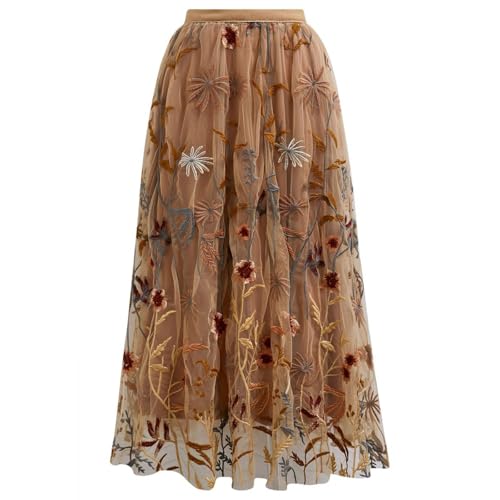 CHICWISH Women Floral Embroidered Tulle Skirt Flared A Line High Elastic Waist Mesh Double-Layered Midi Skirt2