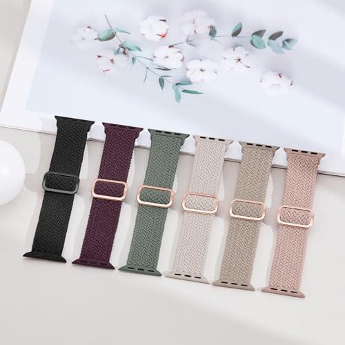 Image of 6 Pack Braided Stretchy Bands Compatible with Apple Watch Band 38mm 40mm 41mm 42mm 44mm 45mm 46mm 49mm Women Men, Adjustable Nylon Solo Loop Elastic Straps for iWatch Series 11 10 9 8 7 6 5 4 SE Ultra