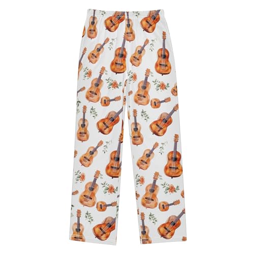Guitar Flower Long Pajama Pants Elastic Waist PJ Bottoms with Pockets S A1111942