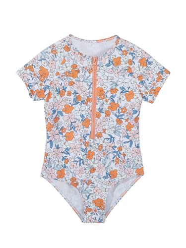 Batermoon Girls One Piece Swimsuit Mock Neck Zipper Short Sleeve Rash Guard Bathing Suit 4-14Y