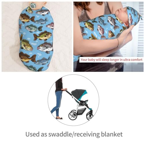 Image of Watercolor Bass Fishes Newborn Swaddle Blankets Hat Sets Soft Baby Receiving Blanket Swaddle Sack for Baby Shower Infant Boy Girl Gift
