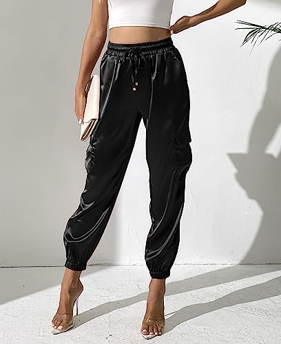 Women's Satin Cargo Joggers Pants Dressy Casual Silky Elastic High Waist Trousers4