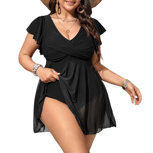 Century Star Swim Dress Plus Size Swimsuit for Women 2025 One Piece Tummy Control Bathing Suit Mesh Ruffle Modest Swimwear