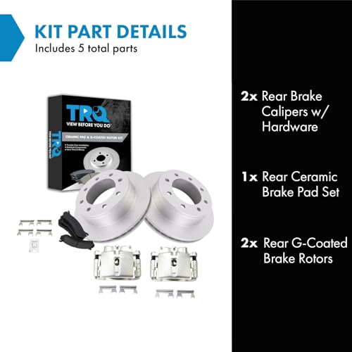 Image of TRQ Rear Brake Pad, Caliper, & Rotor Kit Ceramic Vented Premium G-Coated Compatible with 2002-2006 Chevrolet Avalanche 2500 2001-2013 Suburban 2500 GMC Yukon XL 2500