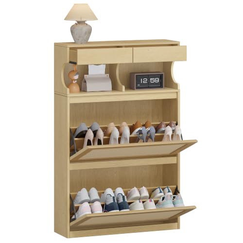 Hzuaneri Schuhschrank Rattan, Schuhkipper Schmal, 16 Paar, Gelb – Ansicht 1