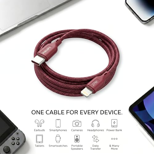 Image of PHILIPS DLC4150LI /94 27W iPhone Original Type-C to Lightning Fast Charging Cable (1.5m, Iron Red) | MFi Certified | 480Mbps Data Sync | Nylon Braided | Compatible with iPhone & Other Lightning Devices