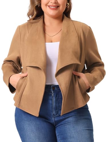 Agnes Orinda Plus Size Faux Suede Jacket for Women Lapel Long Sleeve Open Front Cardigans Outerwear Jackets