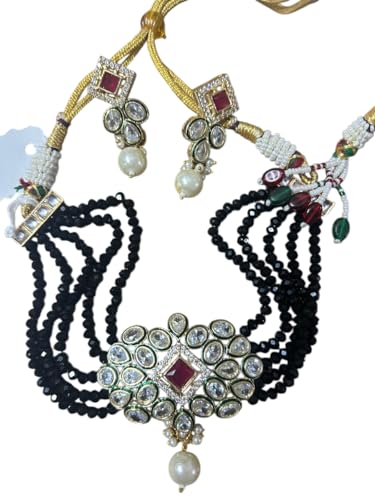 Image of Crystal Multilayered Choker Set with Polki Pendant and Earrings.
