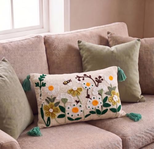 Image of Furnistitchs Boho Rectangle Cushion Cover 12x20 inches | Handmade Decorative Throw Pillow Case | Bohemian Home Decor Sofa Bed Cushion Cover Living Room Bedroom (2, Natural Floral Cuts, 12x20 inches)