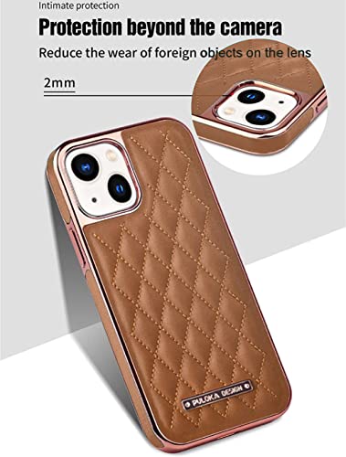 Image of PULOKA iPhone 14 Vegan Leather Back Cover Royal Diamond Pattern with Electroplated Case Compatible for Apple iPhone 14 6.1 inchinch - Brown