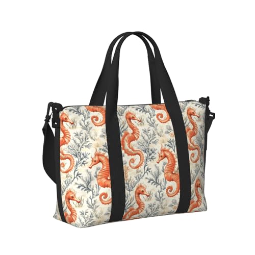 Laptop Tote Bag for Women Work - Orange Seahorse Pattern Print Weekender Overnight Bags for Women Travel, Gym Duffle Bag for Men, Personal Item Crossbody Travel Bags for Men Carry On