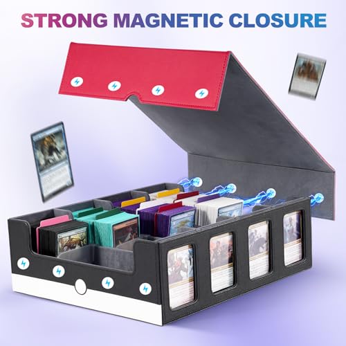 Image of UAONO Trading Card Storage Box with Commander Display; 2400+ Deck Box for MTG with Removable Cover; Top Loaders Card Case fits Magic TCG PTCG Sports Cards; 24 Dividers, 4 Stoppers (Red, White)