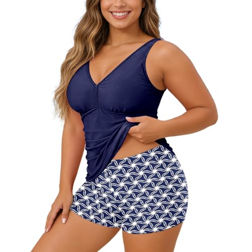 Women's Plus Size Tankini Set 2 Piece Tummy Control Bathing Suit Floral Print Swimsuit Modest Swim Top with Shorts V Neck Push Up Swimwear Swimming Costumes for Beach Holiday (#0002 Navy,22W)