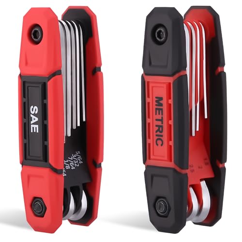Image of 17PC Folding Allen Wrench Set, Pack of 2, Metric & SAE Hex Keys, Portable Multi-Size Allen Key Tool Set for Automotive, Bike, Home, DIY Repairs & Workshop, Durable Folding Design (Red)