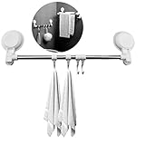  SSPECOTNR - Soporte de barra de toalla autoadhesivo para pared con ventosa de una sola mano para barra de platos, 40 cm, barra de acero inoxidable, con 5 ganchos de plástico para baño y cocina