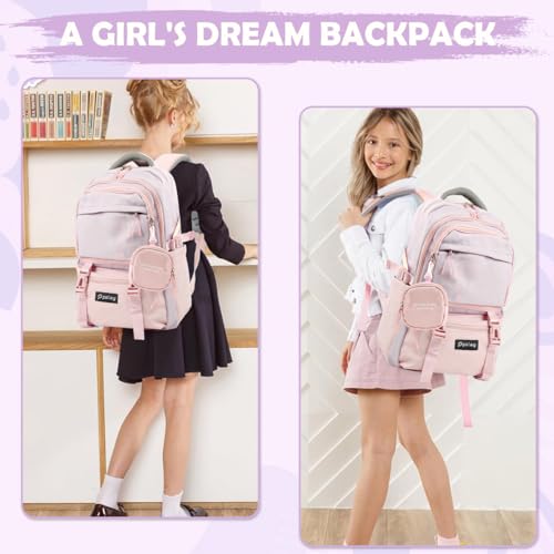 Image of PALAY Girls Backpack School Backpack with Small Zipper Pouch Fashion Pink Nylon with Padded Shoulder Straps & Handle Design Multi Compartment Large for School,Camping,Travel