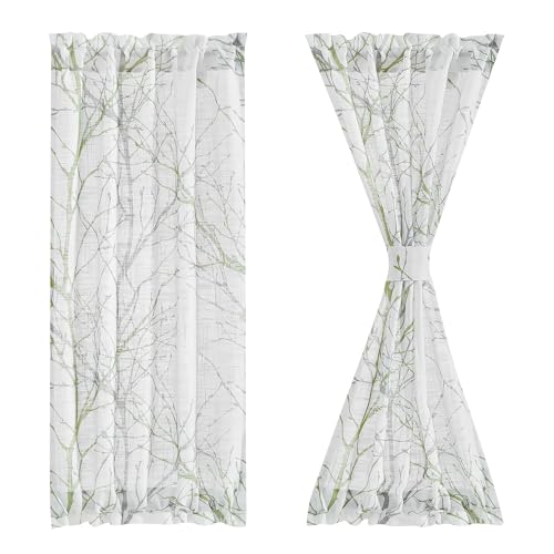 Image of FMFUNCTEX Sheer French Door Curtains 40 Inch Long Green White Semi-Sheer Patio Half Door Panel Branch Tree Print Curtains with 1 Tieback 50 Inch Wide 1 Panel