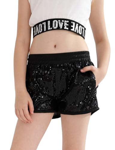 Hiiraggle Sequin Shorts for Girls Black Sparkly Shiny Loose A Line Hot Pants Size 12 13
