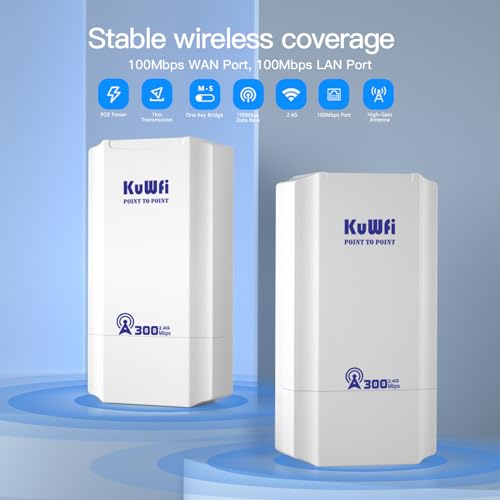 Image of KuWFi 300Mbps Outdoor Wireless Bridge Kit - 1KM Long Range Point to Point System for CCTV, Starlink Signal Extension & Network Backbone, with 100Mbps Port, 2.4Ghz CPE