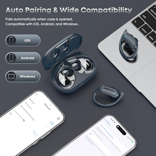 Image of TRAUSI Wireless Earbuds Bluetooth Headphones, 54H Playtime Stereo Over Ear Buds with ENC Noise Cancelling, LED Power Display, IPX7 Waterproof Sport Earphones wih Earhooks for Running /Workouts Blue